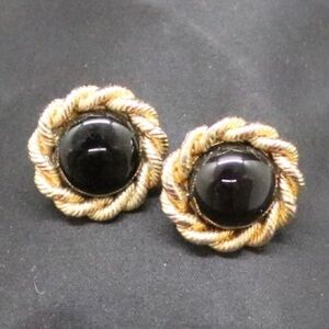 Vintage Circa 1970s 1980s Gold Fringed Round Earrings Black Gem 3/4 In Diameter